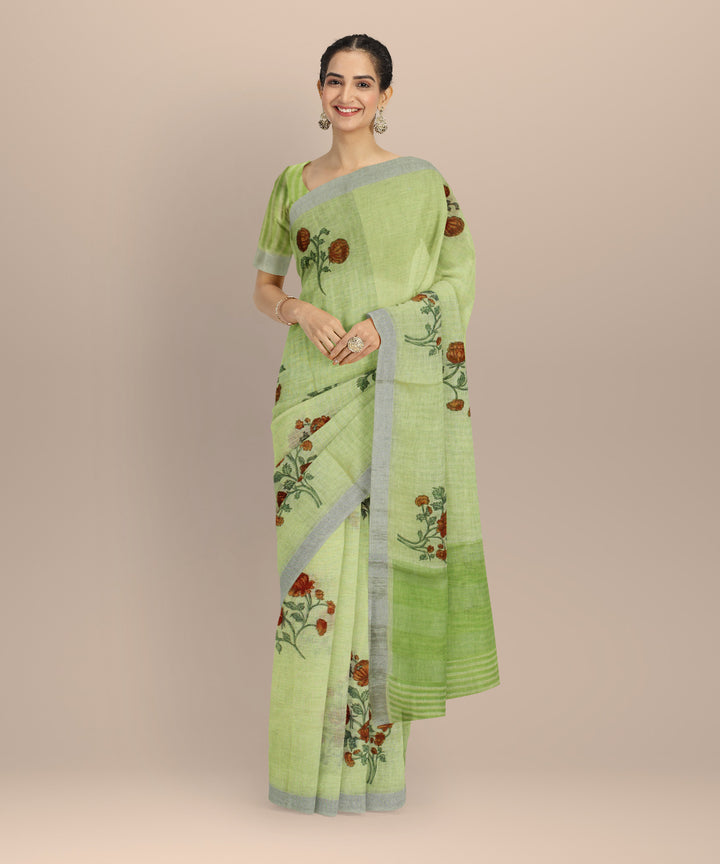Lime green multicolor linen hand printed  saree