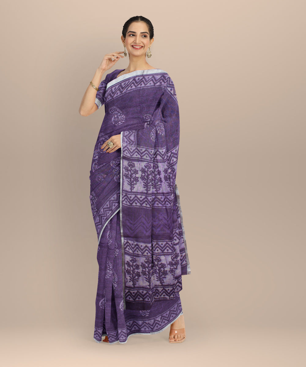 Violet white linen hand printed bhagalpur saree