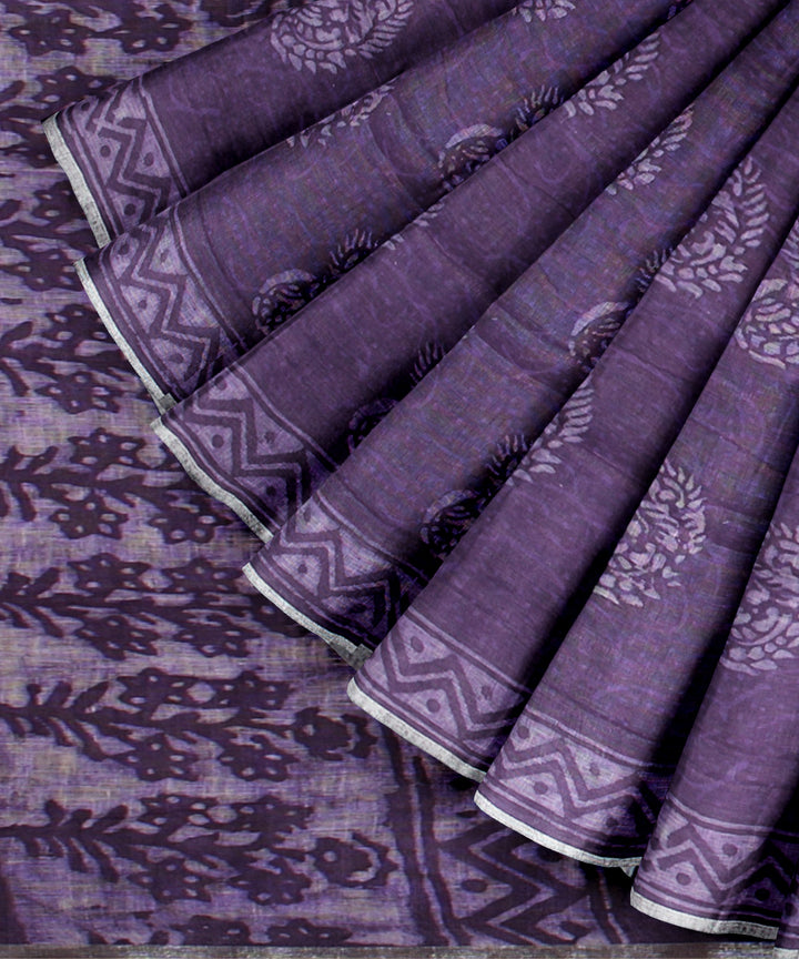 Violet white linen hand printed bhagalpur saree