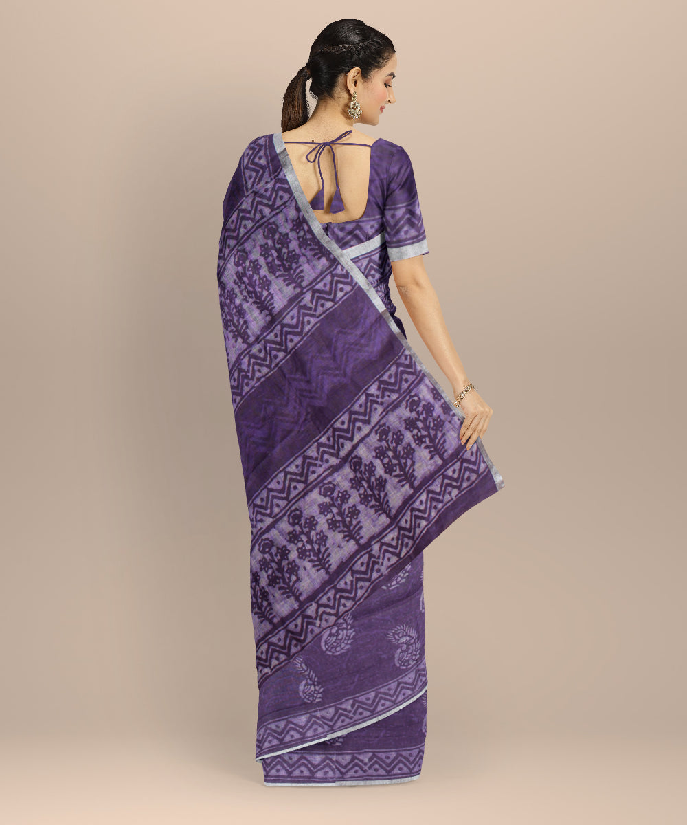 Violet white linen hand printed bhagalpur saree