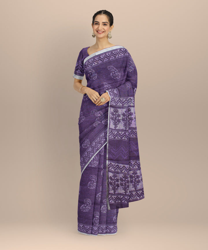 Violet white linen hand printed bhagalpur saree