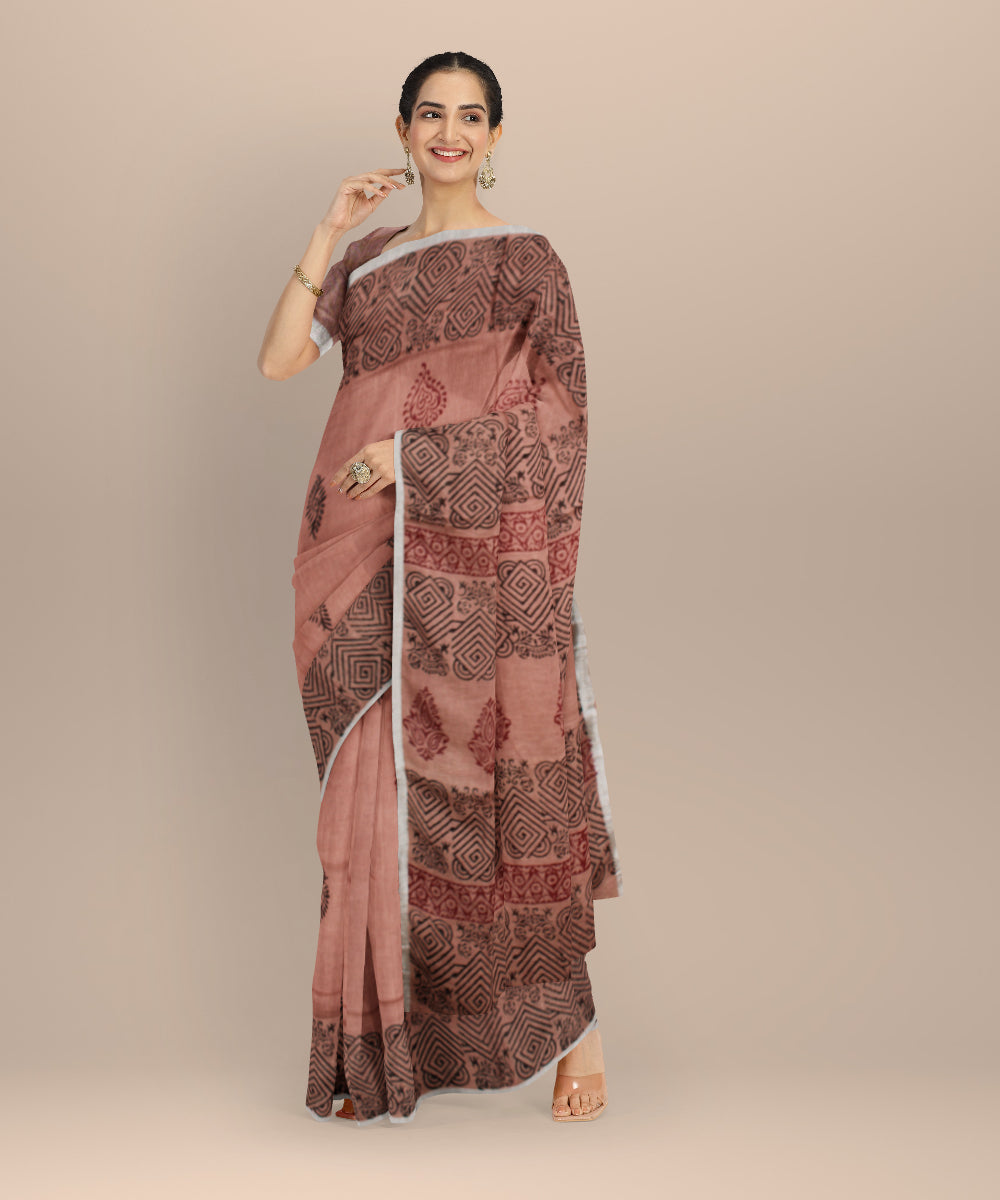 Brown multicolor hand printed bhagalpur art silk saree