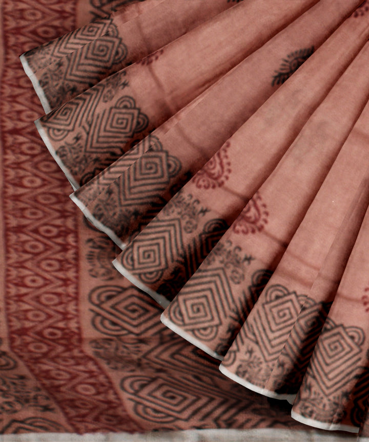 Brown multicolor hand printed bhagalpur art silk saree