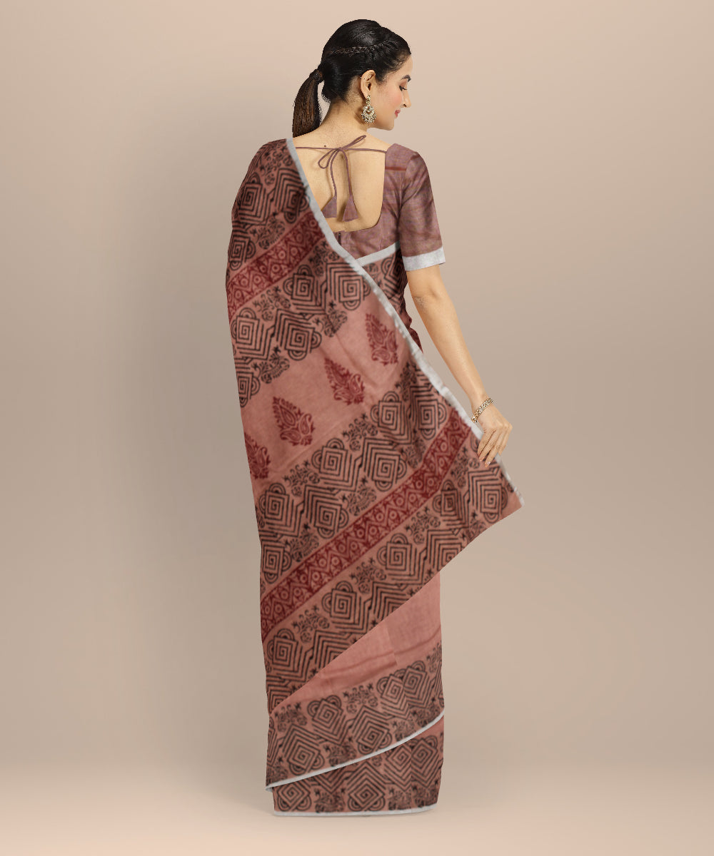 Brown multicolor hand printed bhagalpur art silk saree