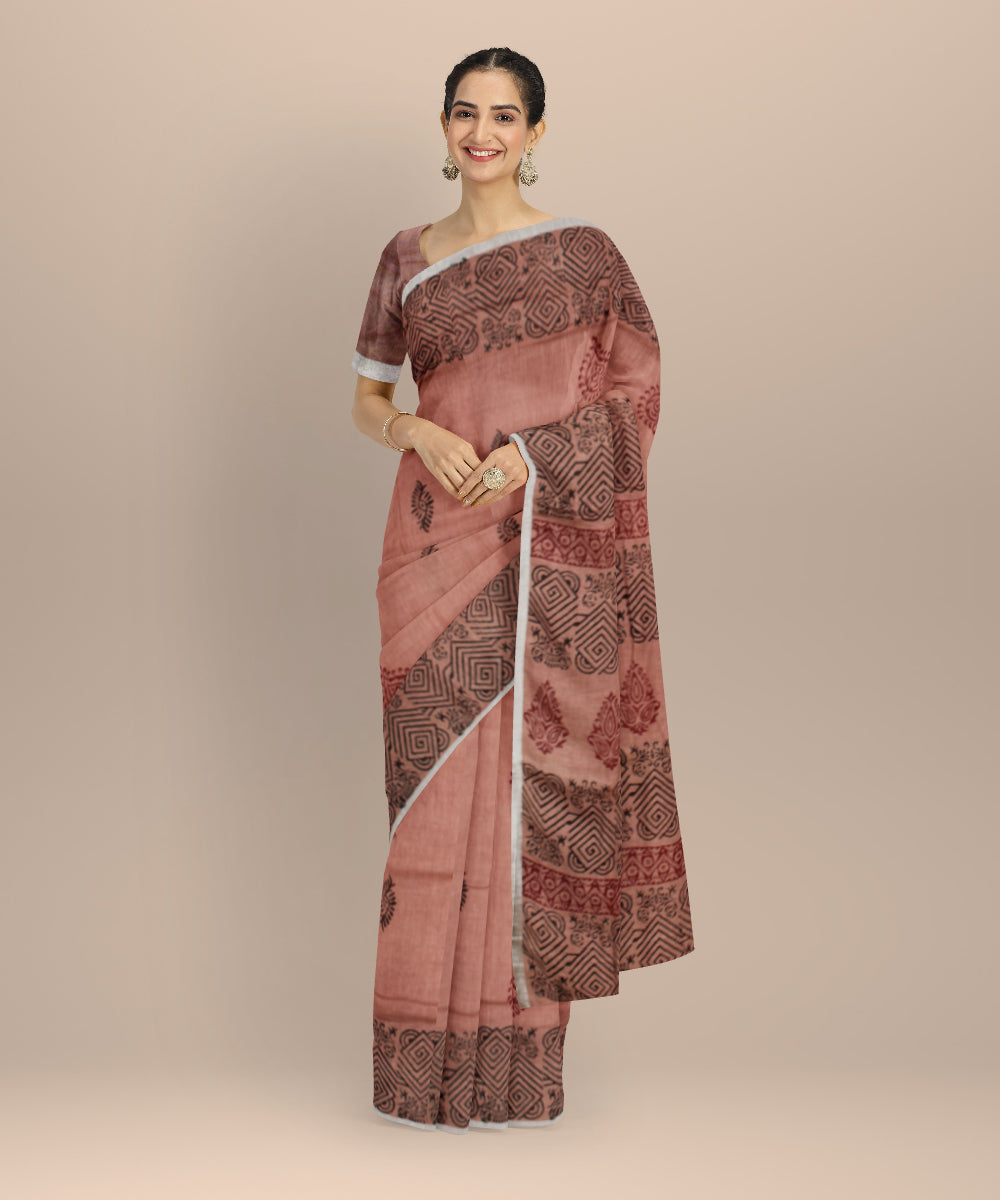 Brown multicolor hand printed bhagalpur art silk saree