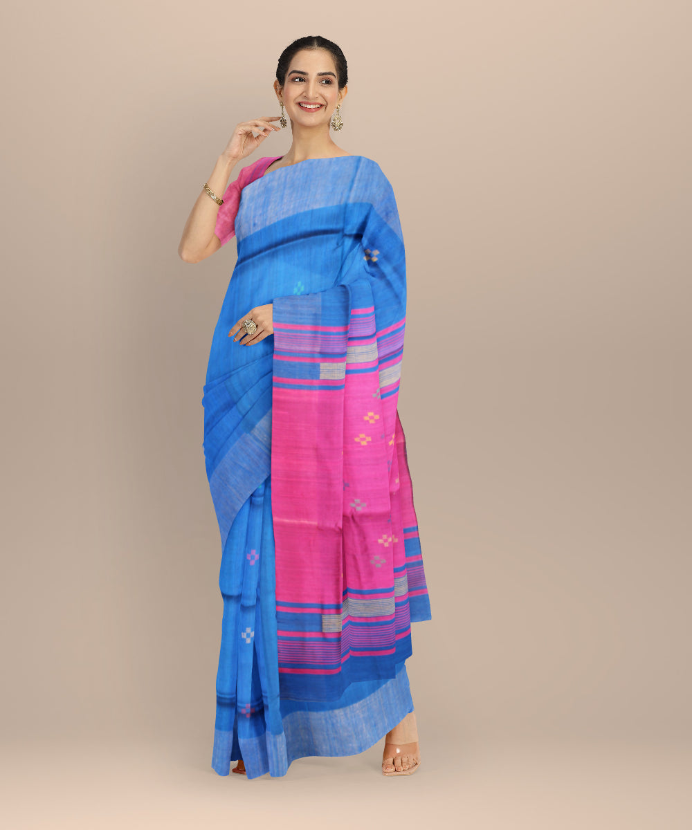 Navy blue pink raw silk bhagalpur handwoven saree