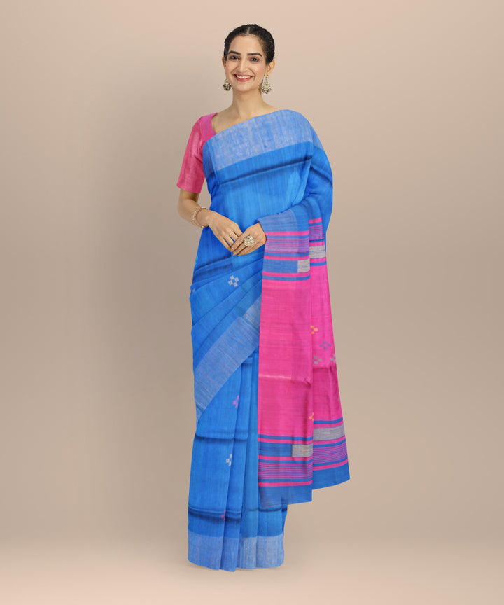 Navy blue pink raw silk bhagalpur handwoven saree