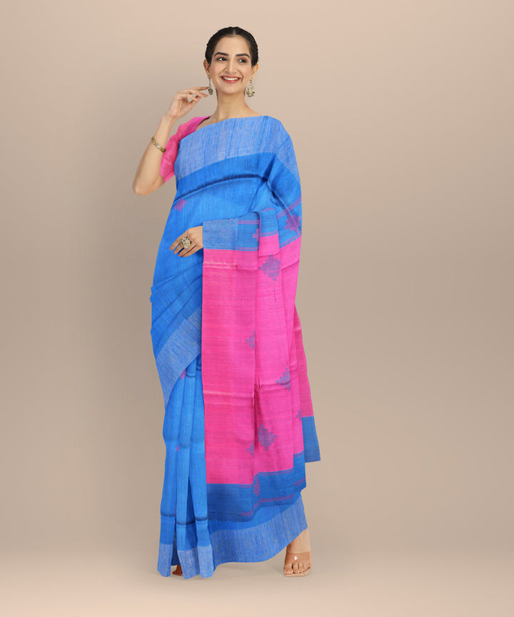 Navy blue pink raw silk hand woven bhagalpur saree