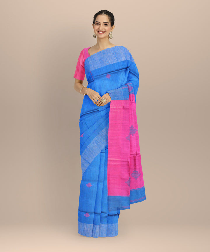 Navy blue pink raw silk hand woven bhagalpur saree