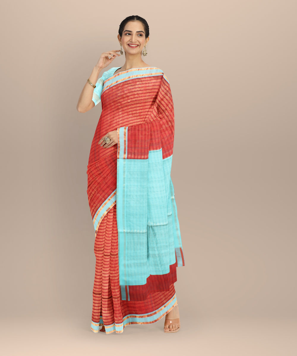 Maroon sky blue raw silk handwoven bhagalpur saree