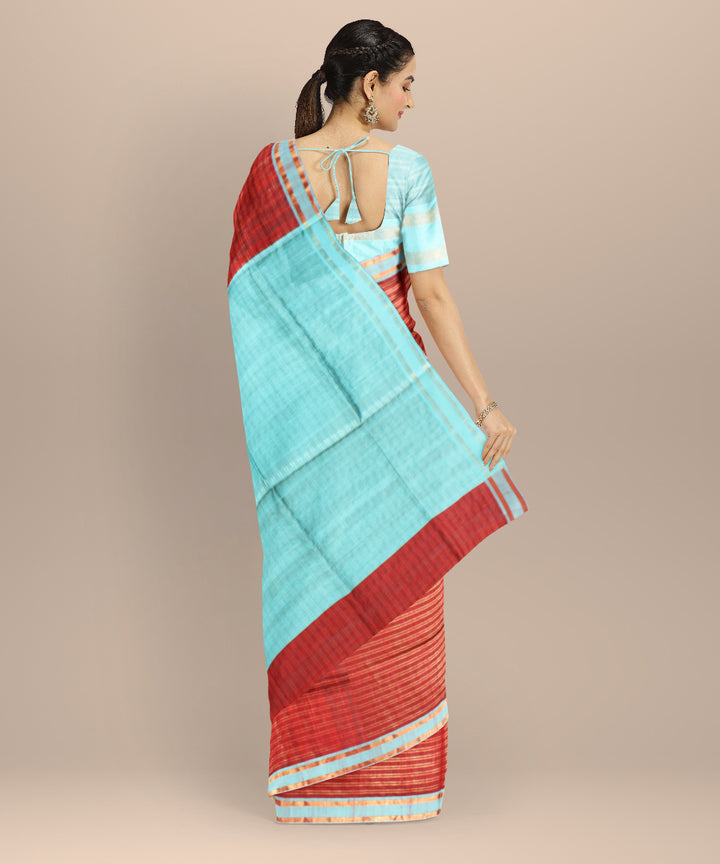Maroon sky blue raw silk handwoven bhagalpur saree