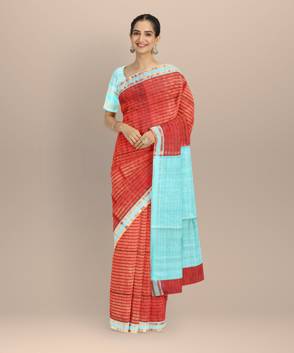 Maroon sky blue raw silk handwoven bhagalpur saree