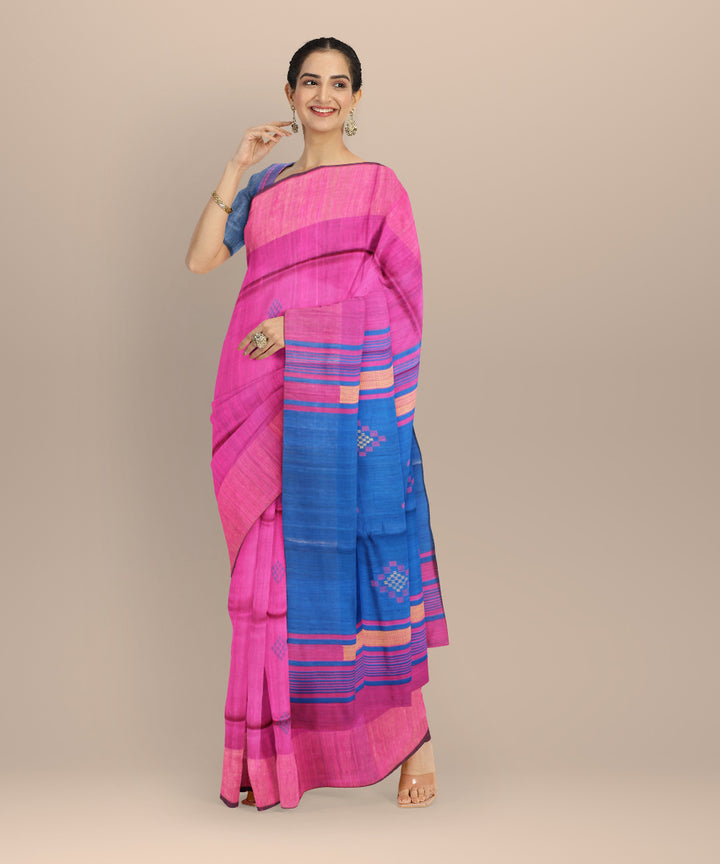 Peach navy blue raw silk handwoven bhagalpur saree