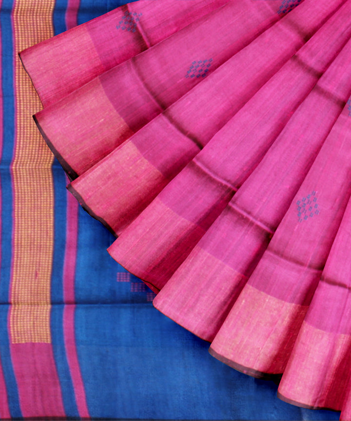 Peach navy blue raw silk handwoven bhagalpur saree