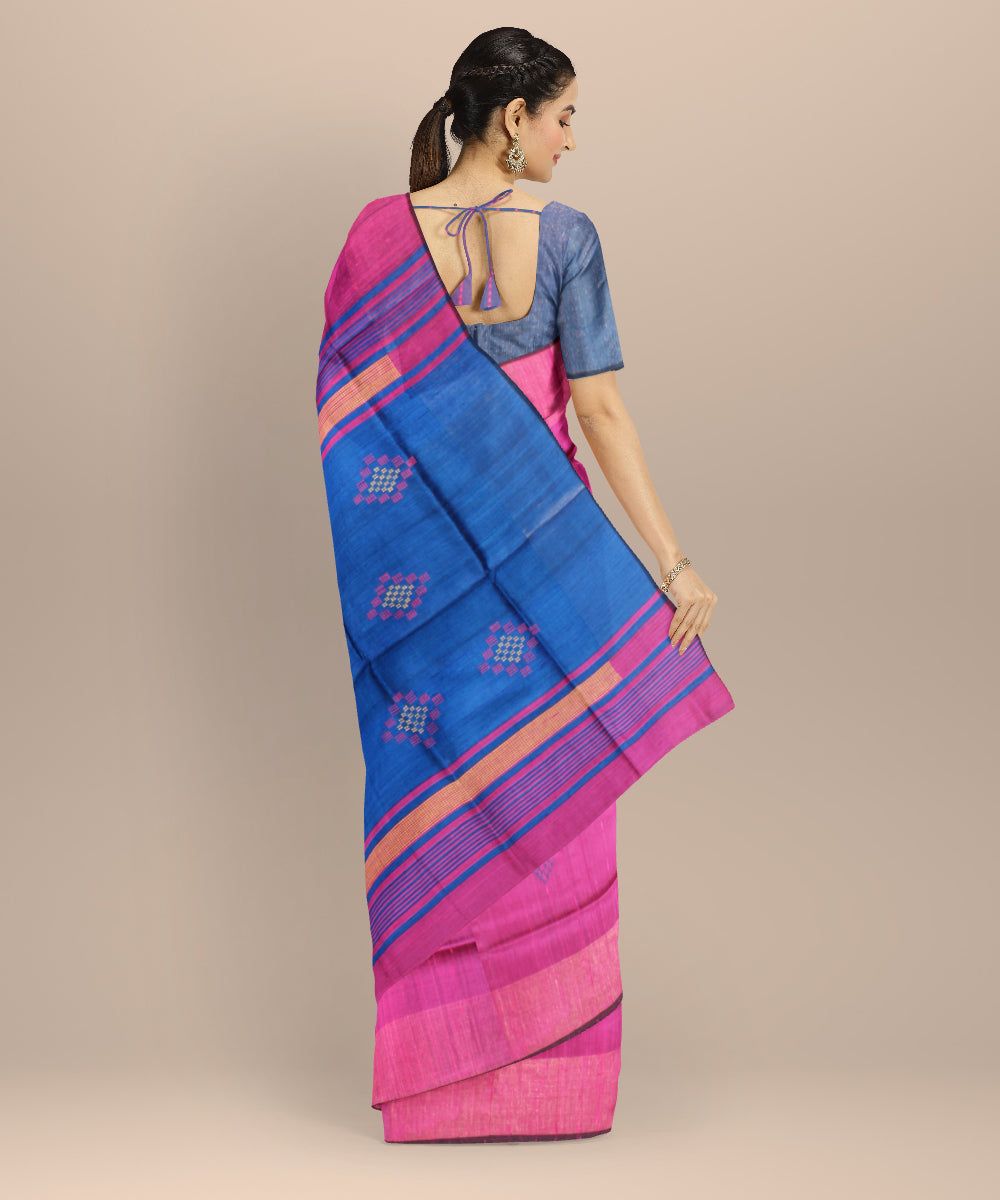 Peach navy blue raw silk handwoven bhagalpur saree