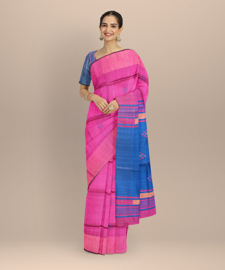 Peach navy blue raw silk handwoven bhagalpur saree