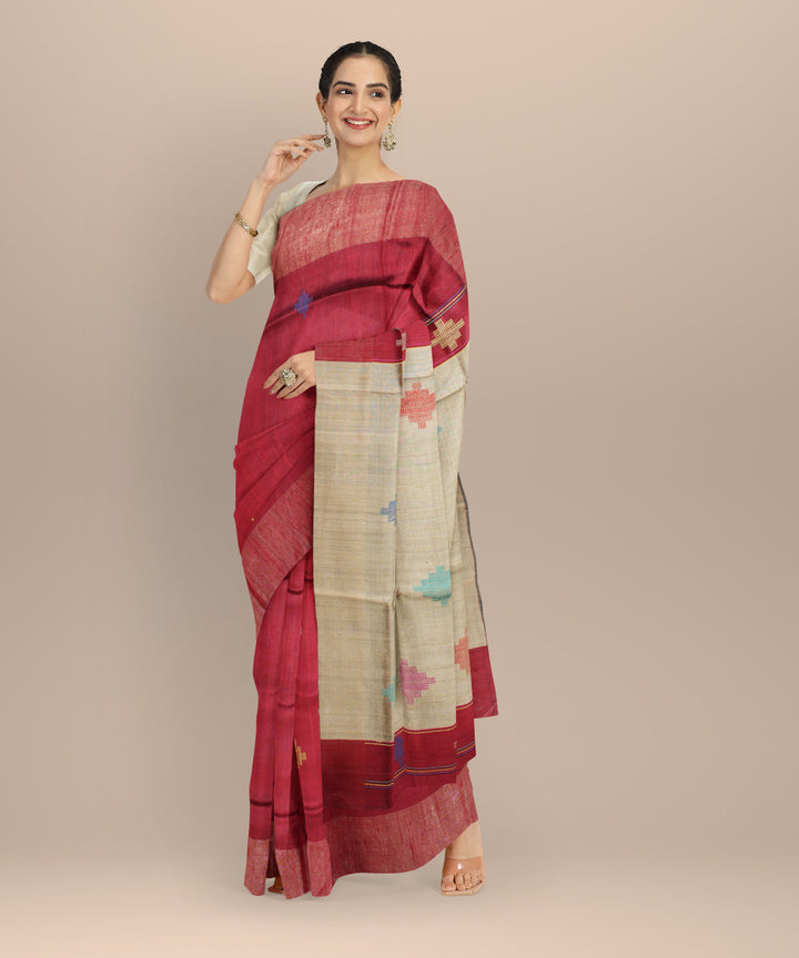 Maroon grey raw silk bhagalpur handwoven saree