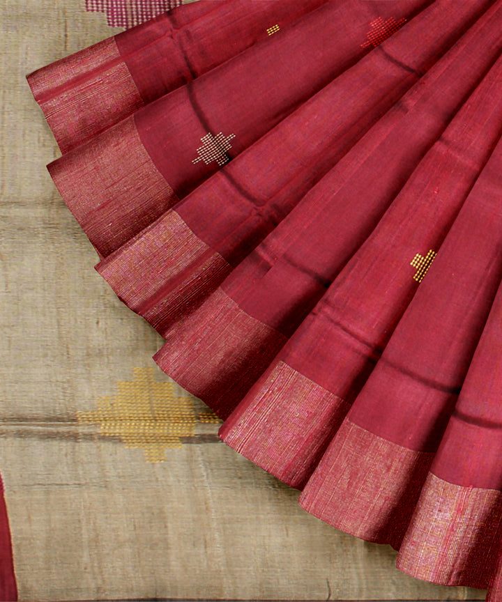 Maroon grey raw silk bhagalpur handwoven saree