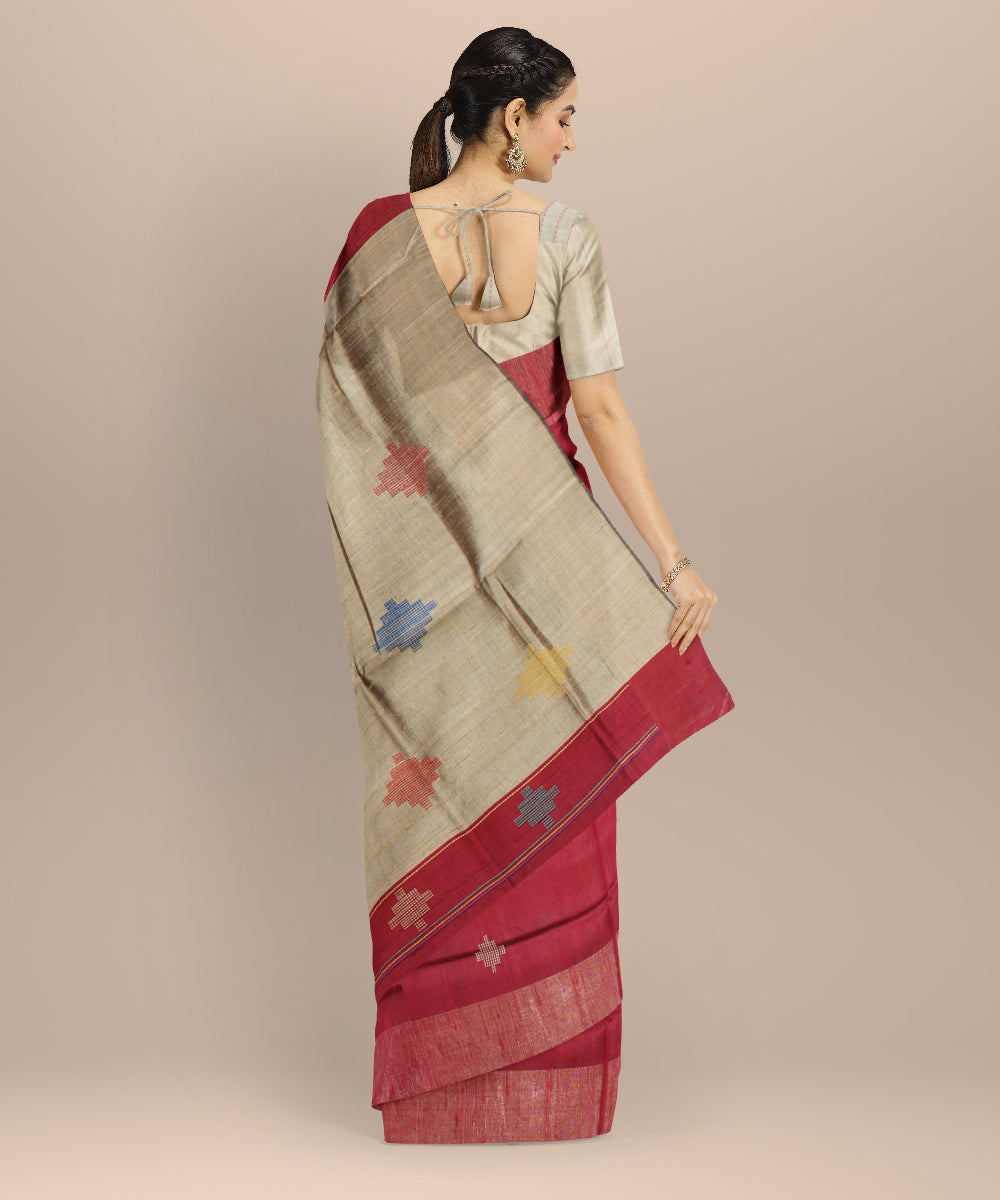 Maroon grey raw silk bhagalpur handwoven saree