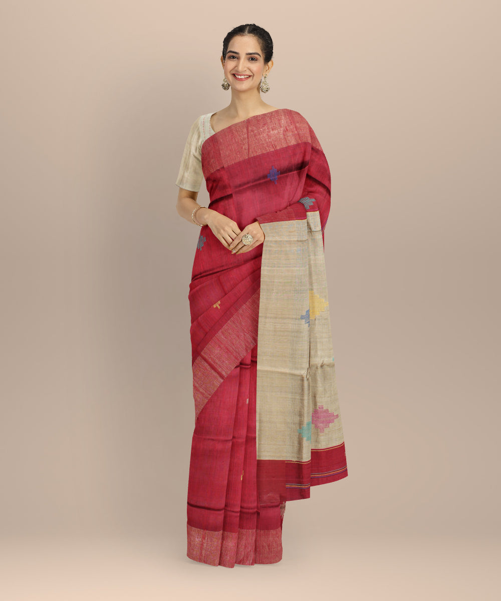 Maroon grey raw silk bhagalpur handwoven saree