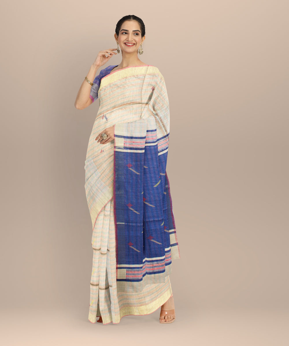 Grey navyblue raw silk handwoven bhagalpur saree