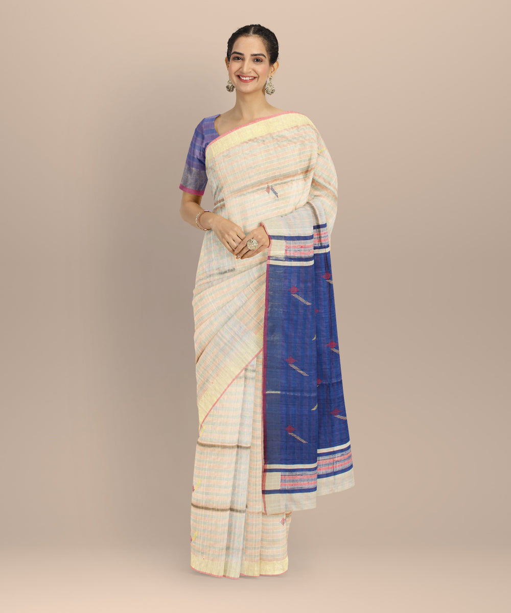 Grey navyblue raw silk handwoven bhagalpur saree