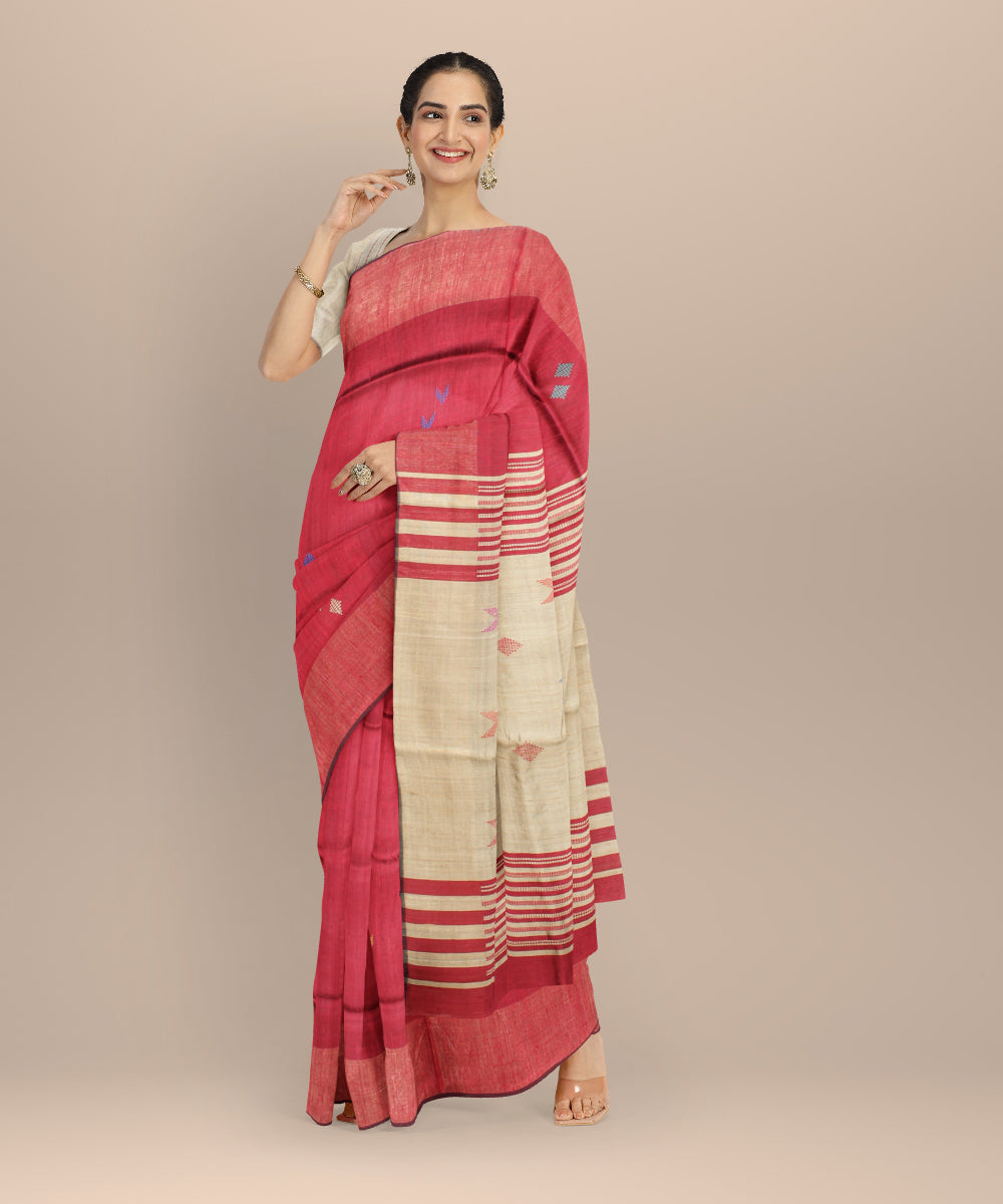 Maroon grey raw silk handloom bhagalpur saree