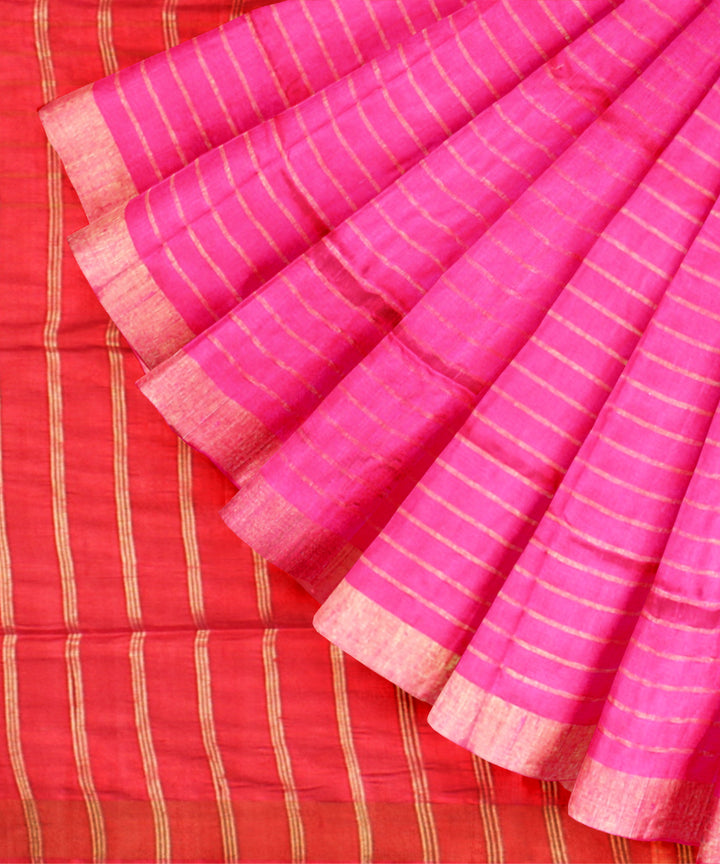 Pink red handwoven raw silk bhagalpur saree