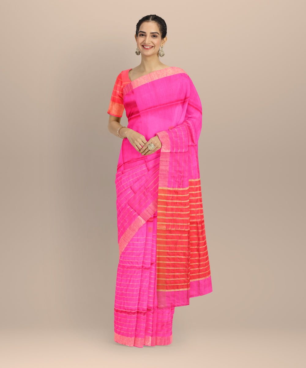 Pink red handwoven raw silk bhagalpur saree