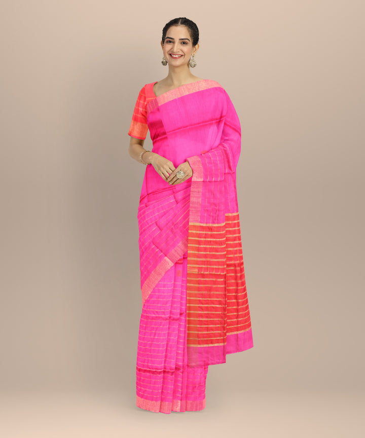 Pink red handwoven raw silk bhagalpur saree