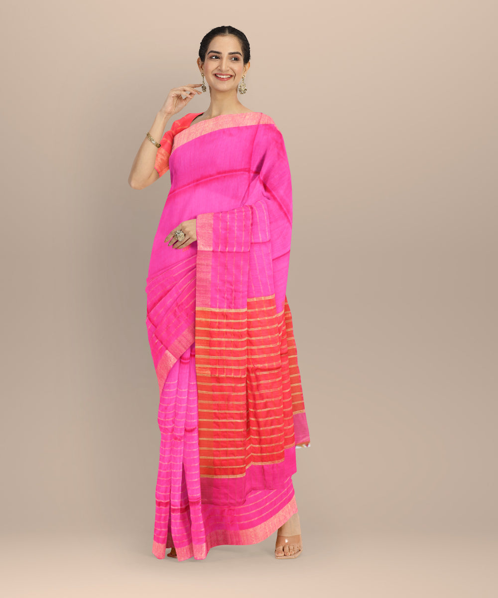 Pink red handwoven raw silk bhagalpur saree