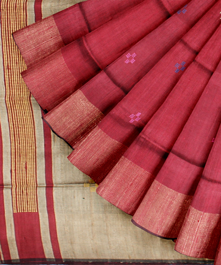 Maroon grey raw silk handwoven bhagalpur saree