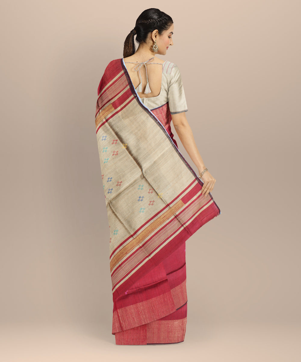 Maroon grey raw silk handwoven bhagalpur saree