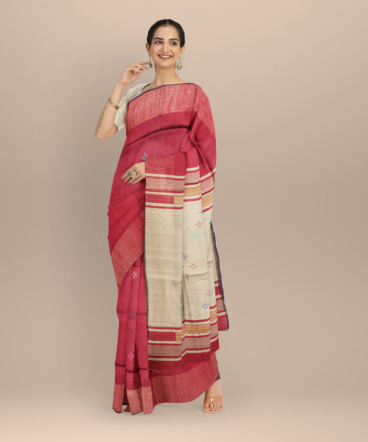 Maroon grey raw silk handwoven bhagalpur saree