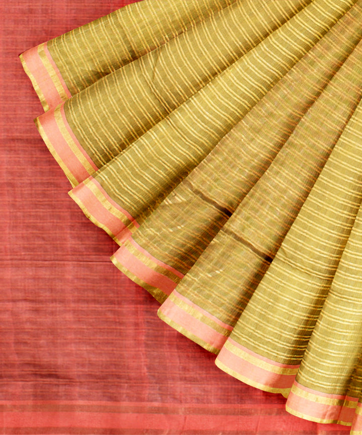 Light green rust raw silk handwoven bhagalpur saree