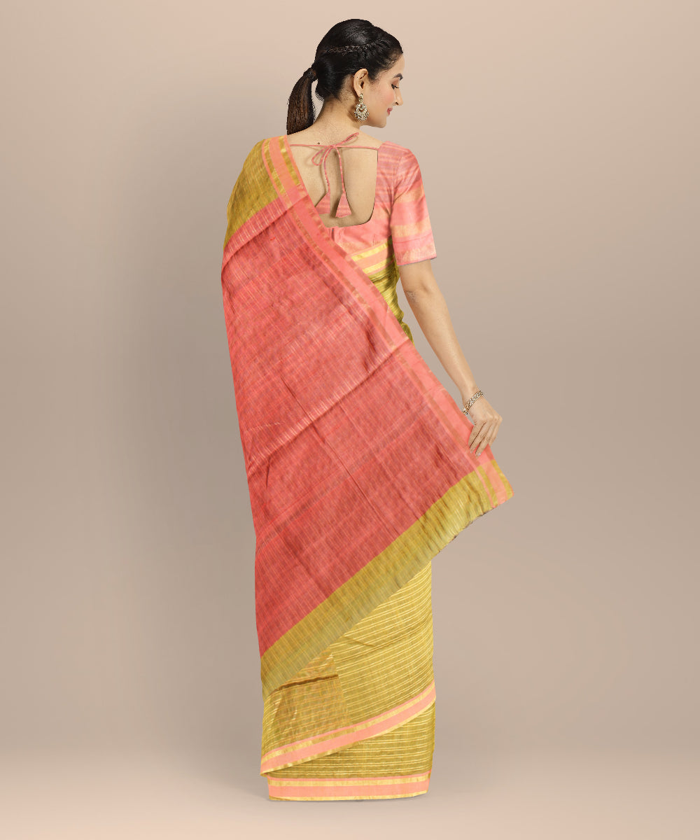 Light green rust raw silk handwoven bhagalpur saree