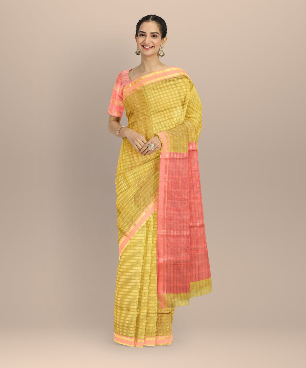 Light green rust raw silk handwoven bhagalpur saree