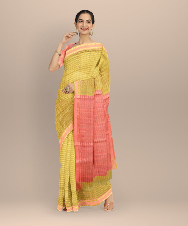 Light green rust raw silk handwoven bhagalpur saree