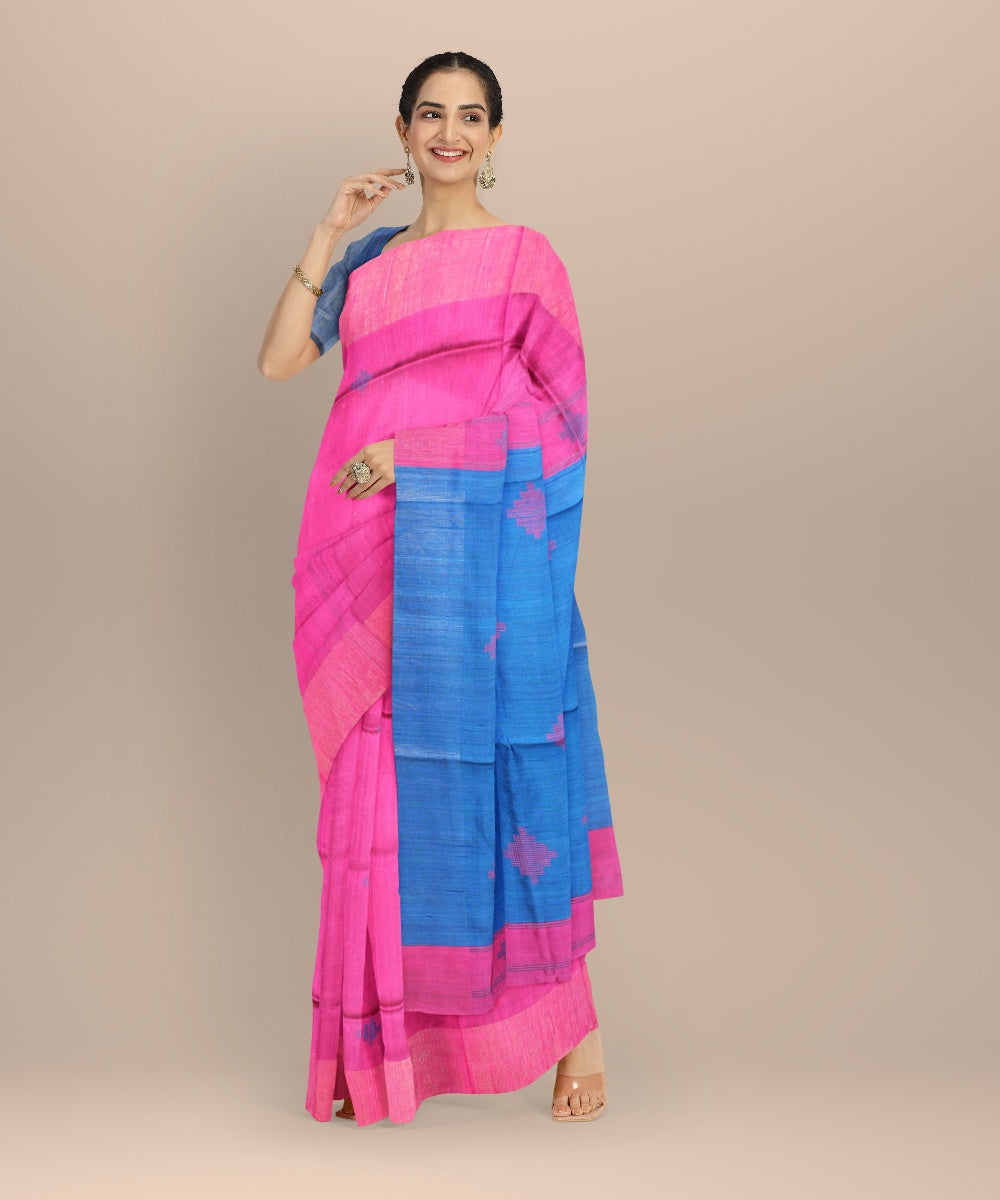 Pink navy blue raw silk bhagalpur handwoven saree