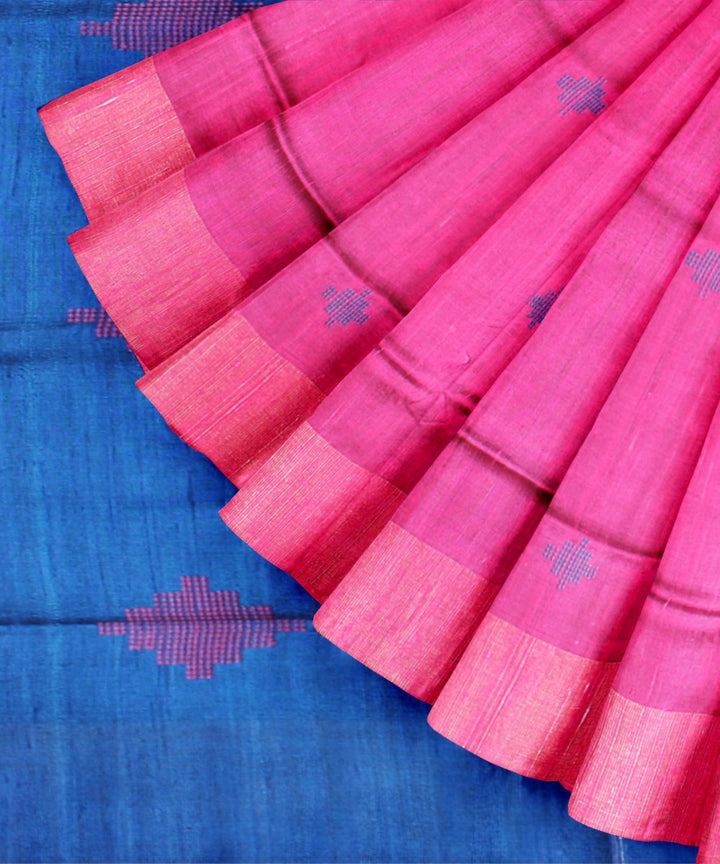 Pink navy blue raw silk bhagalpur handwoven saree