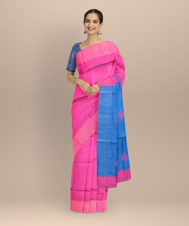 Pink navy blue raw silk bhagalpur handwoven saree