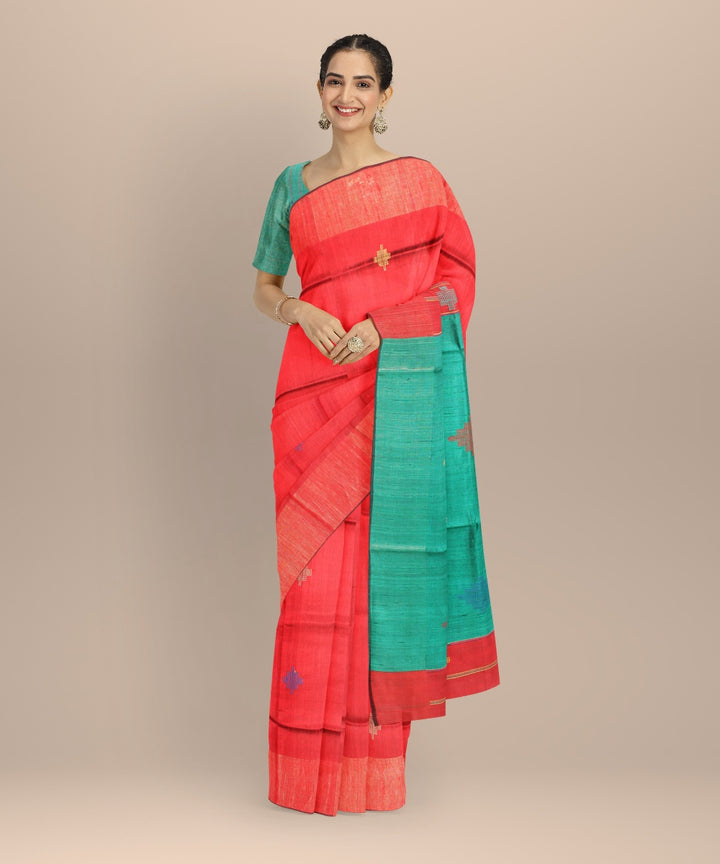 Pink navy blue raw silk handloom bhagalpur saree