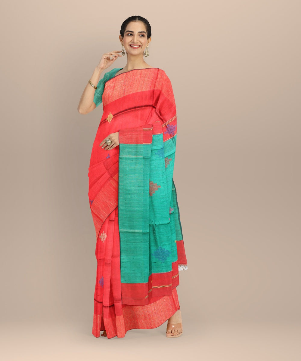 Pink navy blue raw silk handloom bhagalpur saree