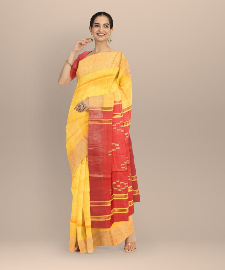 Yellow maroon raw silk handwoven bhagalpur saree
