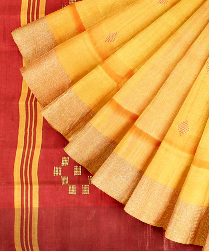 Yellow maroon raw silk handwoven bhagalpur saree