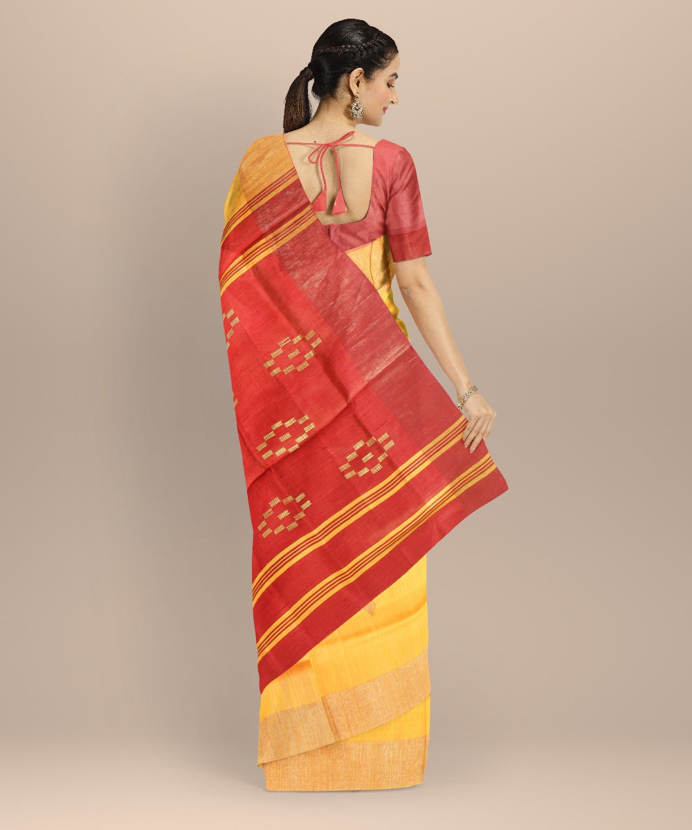 Yellow maroon raw silk handwoven bhagalpur saree