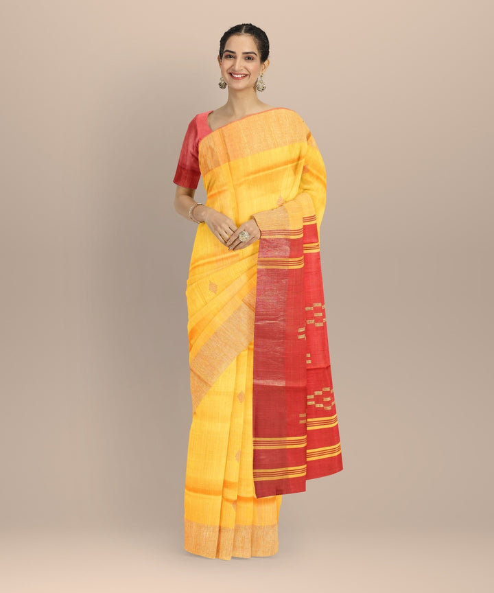 Yellow maroon raw silk handwoven bhagalpur saree