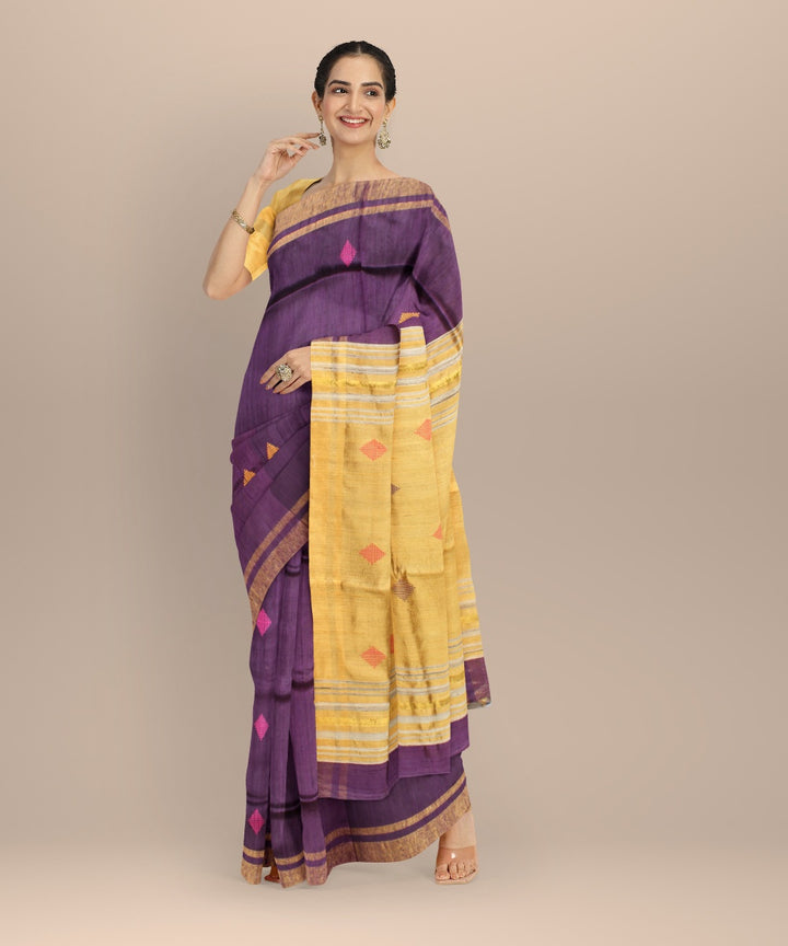 Purple brown raw silk handwoven bhagalpur saree