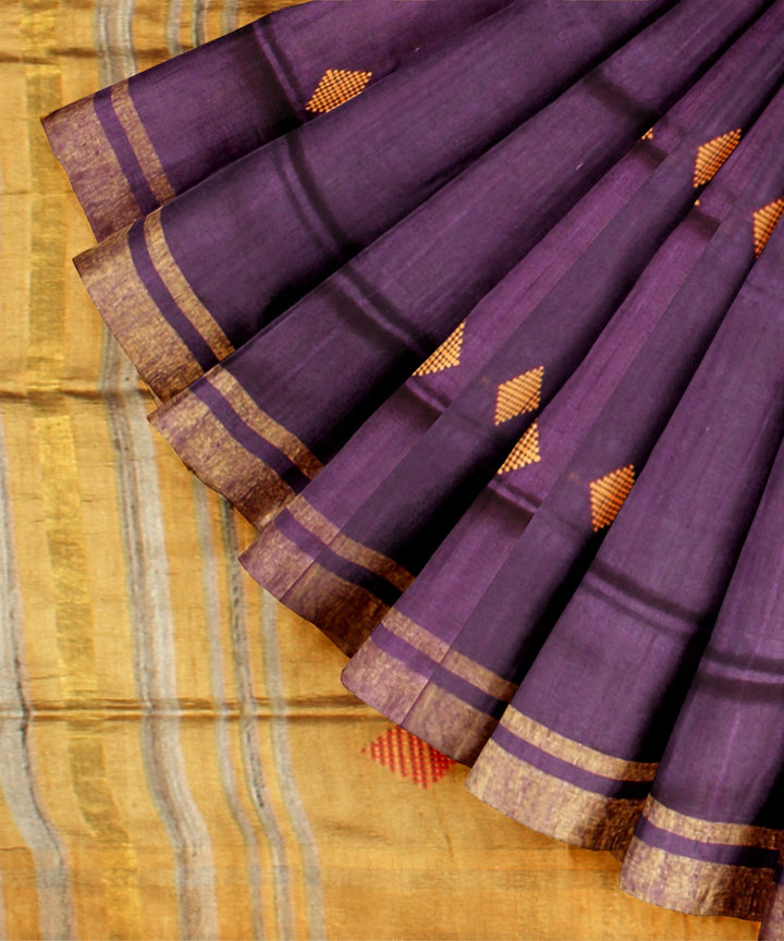 Purple brown raw silk handwoven bhagalpur saree