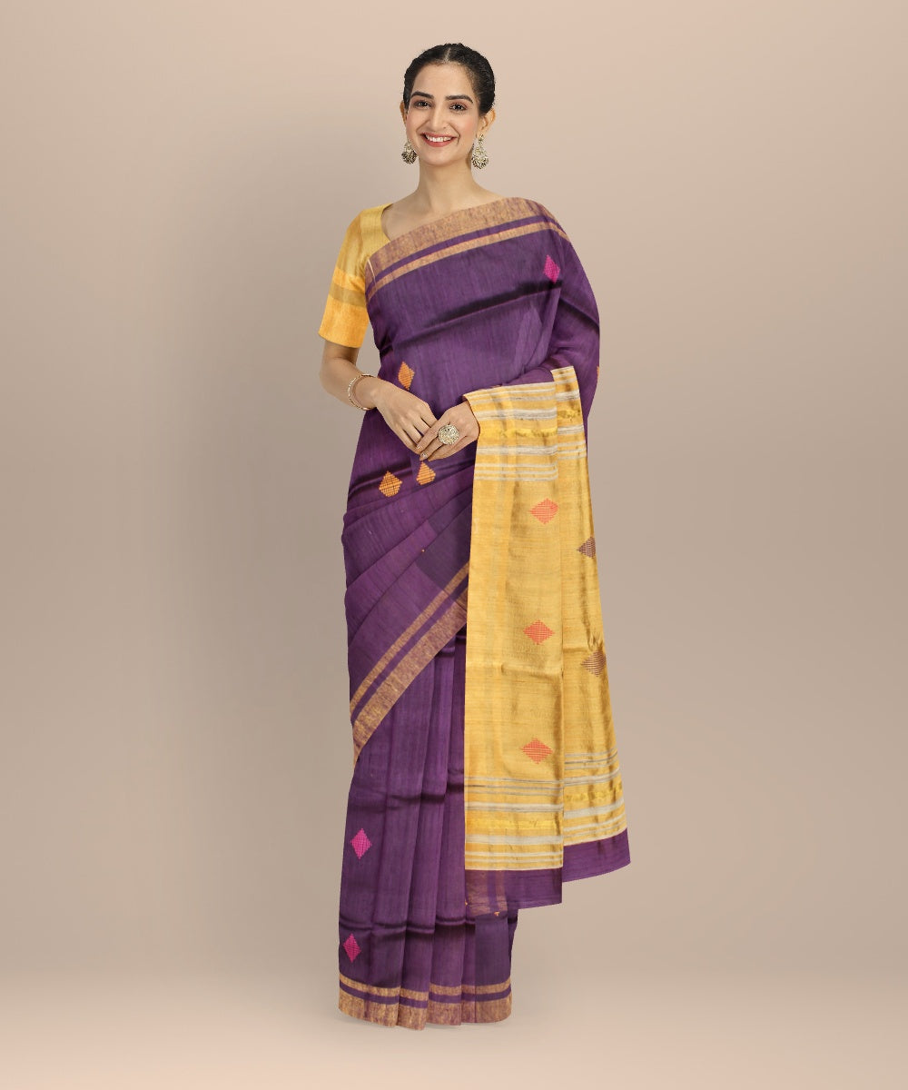 Purple brown raw silk handwoven bhagalpur saree